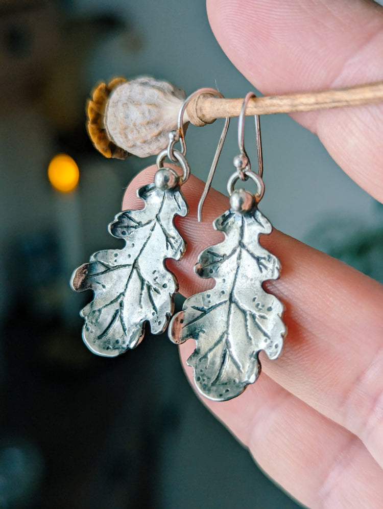 OAK LEAF EARRINGS 925 STERLING SILVER RUSTIC