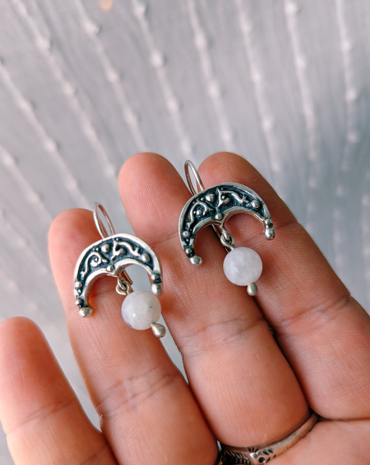 LUNULA EARRINGS with MOONSTONE beads - 925 STERLING SILVER UNIQUE HANDMADE