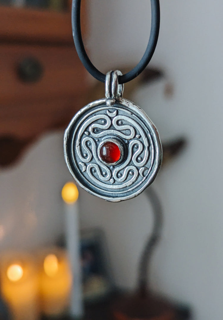 HECATE WHEEL COIN PENDANT WITH CARNELIAN GEMSTONE - 925 STERLING SILVER TALISMAN NECKLACE WAX STAMP SEAL - LABYRINTH STROPHALOS