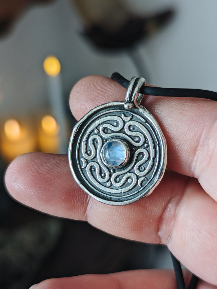 HECATE WHEEL COIN PENDANT WITH MOONSTONE GEMSTONE - 925 STERLING SILVER TALISMAN NECKLACE WAX STAMP SEAL - LABYRINTH STROPHALOS