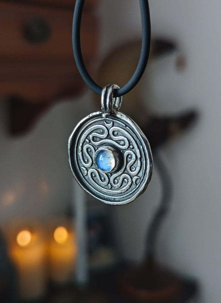 HECATE WHEEL COIN PENDANT WITH MOONSTONE GEMSTONE - 925 STERLING SILVER TALISMAN NECKLACE WAX STAMP SEAL - LABYRINTH STROPHALOS