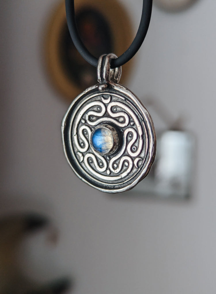 HECATE WHEEL COIN PENDANT WITH MOONSTONE GEMSTONE - 925 STERLING SILVER TALISMAN NECKLACE WAX STAMP SEAL - LABYRINTH STROPHALOS
