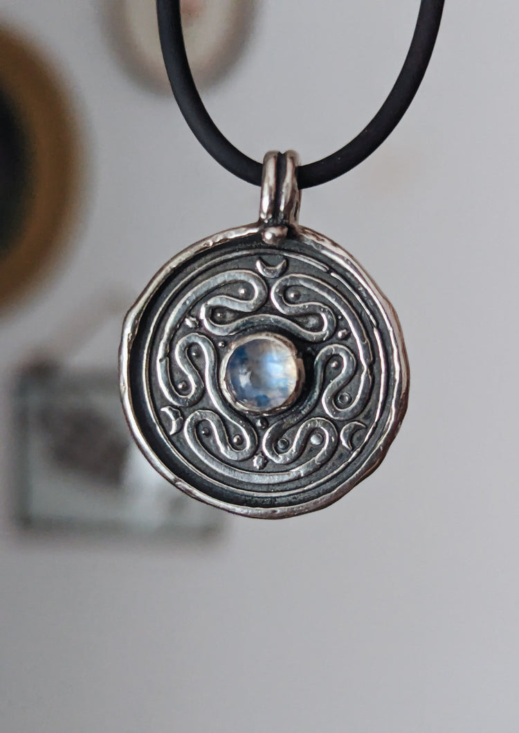 HECATE WHEEL COIN PENDANT WITH MOONSTONE GEMSTONE - 925 STERLING SILVER TALISMAN NECKLACE WAX STAMP SEAL - LABYRINTH STROPHALOS