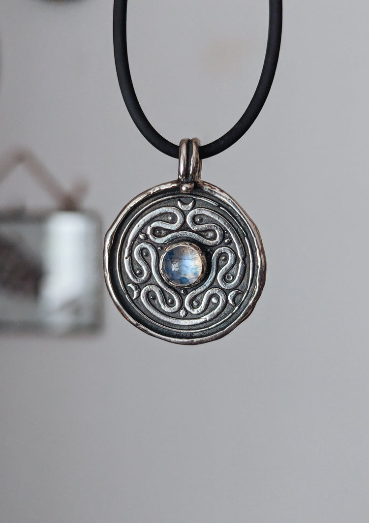 HECATE WHEEL COIN PENDANT WITH MOONSTONE GEMSTONE - 925 STERLING SILVER TALISMAN NECKLACE WAX STAMP SEAL - LABYRINTH STROPHALOS
