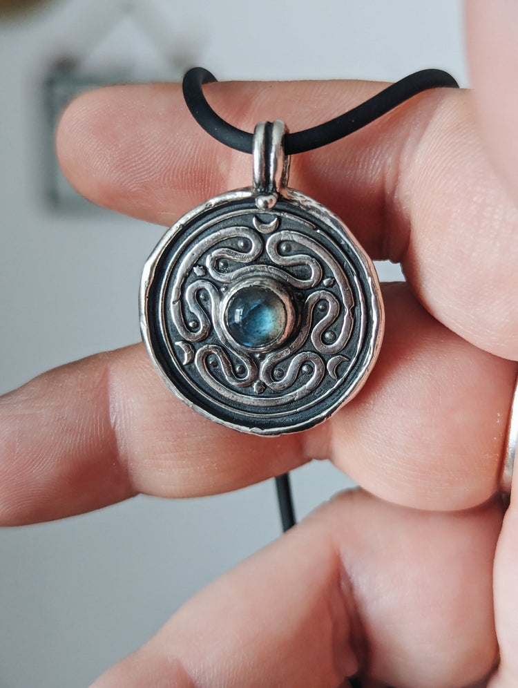 HECATE WHEEL COIN PENDANT WITH LABRADORITE GEMSTONE - 925 STERLING SILVER TALISMAN NECKLACE WAX STAMP SEAL - LABYRINTH STROPHALOS