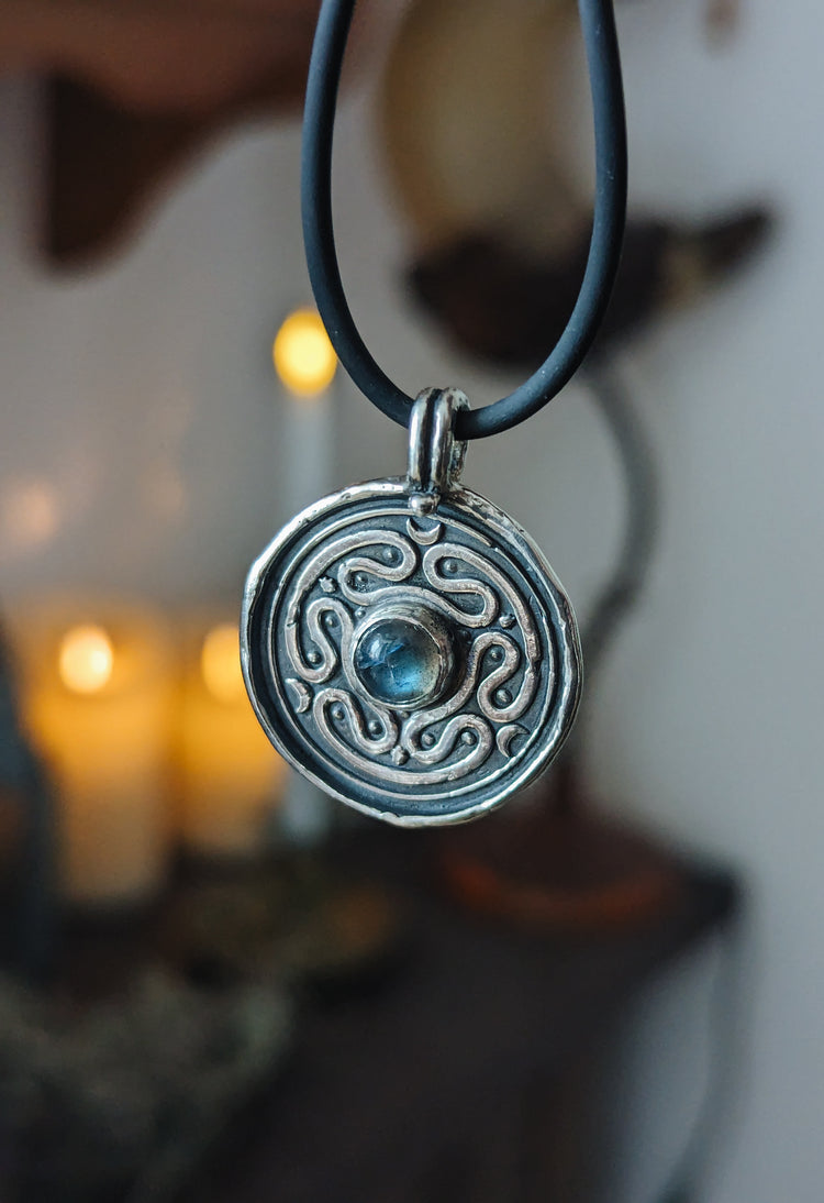 HECATE WHEEL COIN PENDANT WITH LABRADORITE GEMSTONE - 925 STERLING SILVER TALISMAN NECKLACE WAX STAMP SEAL - LABYRINTH STROPHALOS