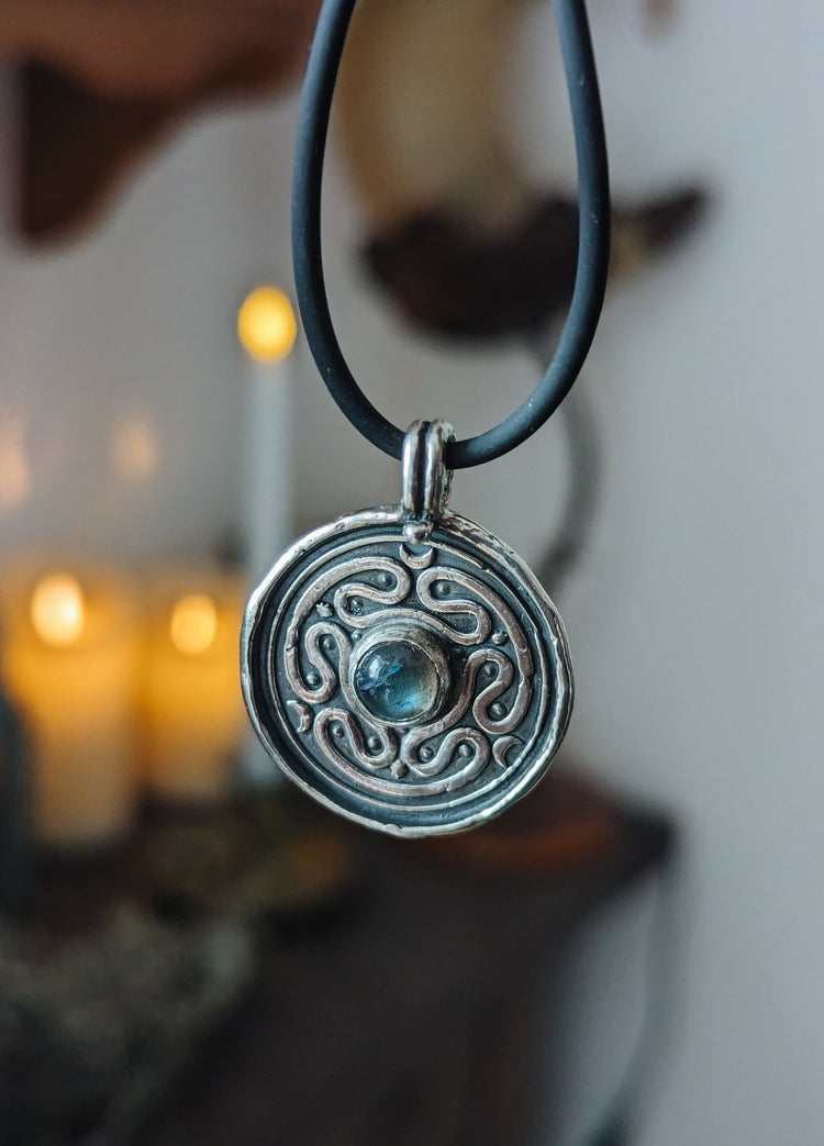 HECATE WHEEL COIN PENDANT WITH LABRADORITE GEMSTONE - 925 STERLING SILVER TALISMAN NECKLACE WAX STAMP SEAL - LABYRINTH STROPHALOS