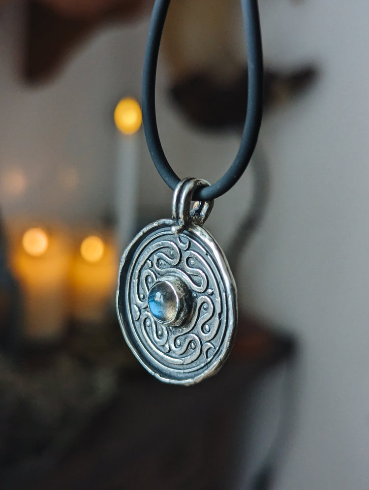 HECATE WHEEL COIN PENDANT WITH LABRADORITE GEMSTONE - 925 STERLING SILVER TALISMAN NECKLACE WAX STAMP SEAL - LABYRINTH STROPHALOS