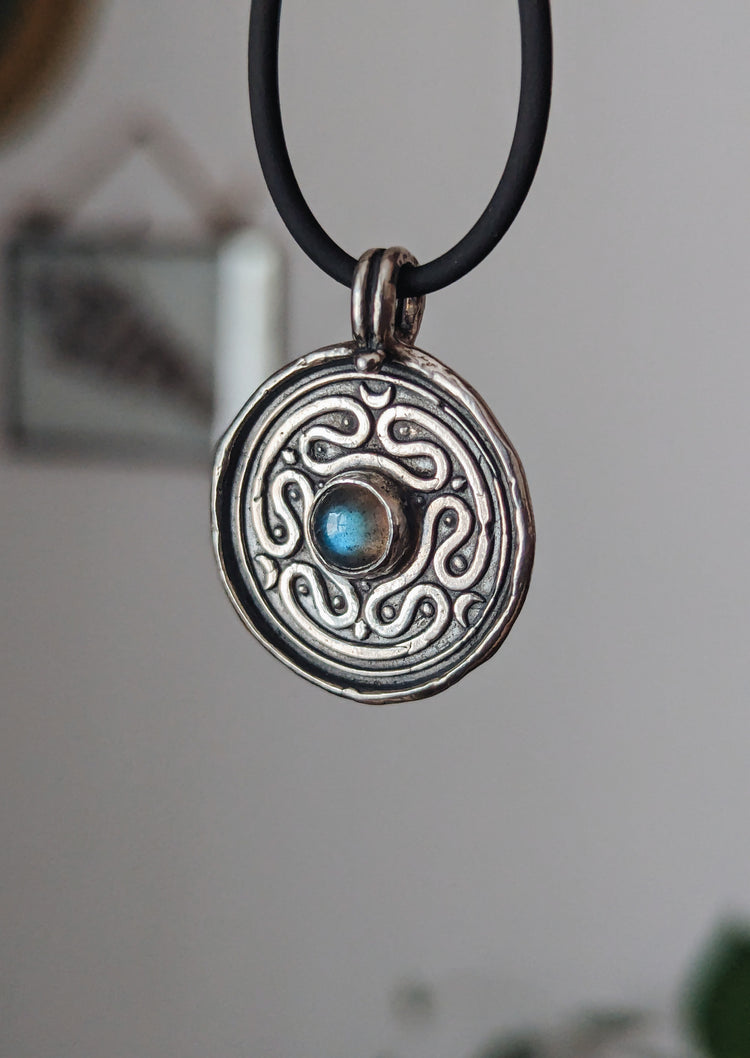 HECATE WHEEL COIN PENDANT WITH LABRADORITE GEMSTONE - 925 STERLING SILVER TALISMAN NECKLACE WAX STAMP SEAL - LABYRINTH STROPHALOS