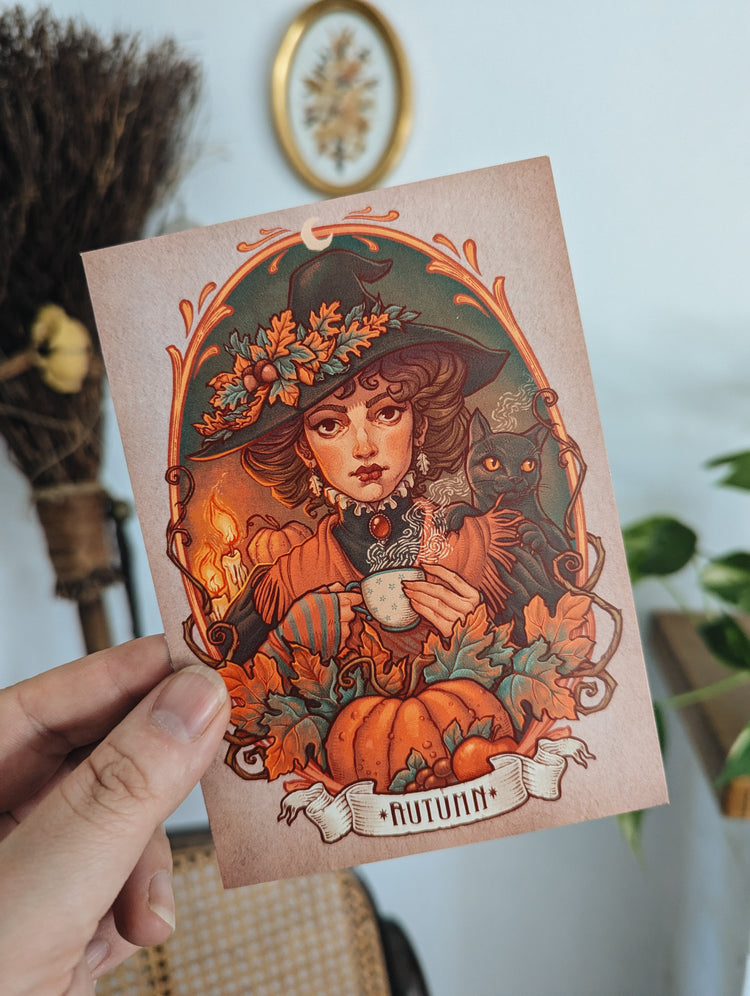 POSTAL BRUJA DE OTOÑO - MINI LÁMINA 4x6'' DinA6 Arte de Medusa Dollmaker