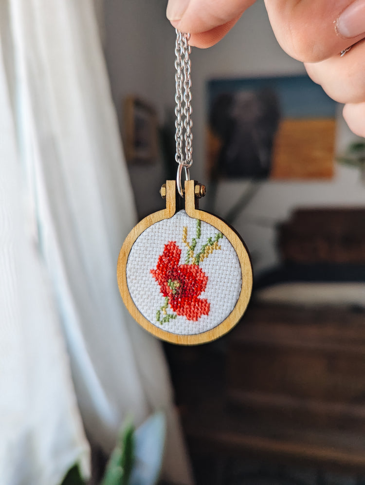 POPPY FLOWER - WOODEN CROSS STITCH NECKLACE