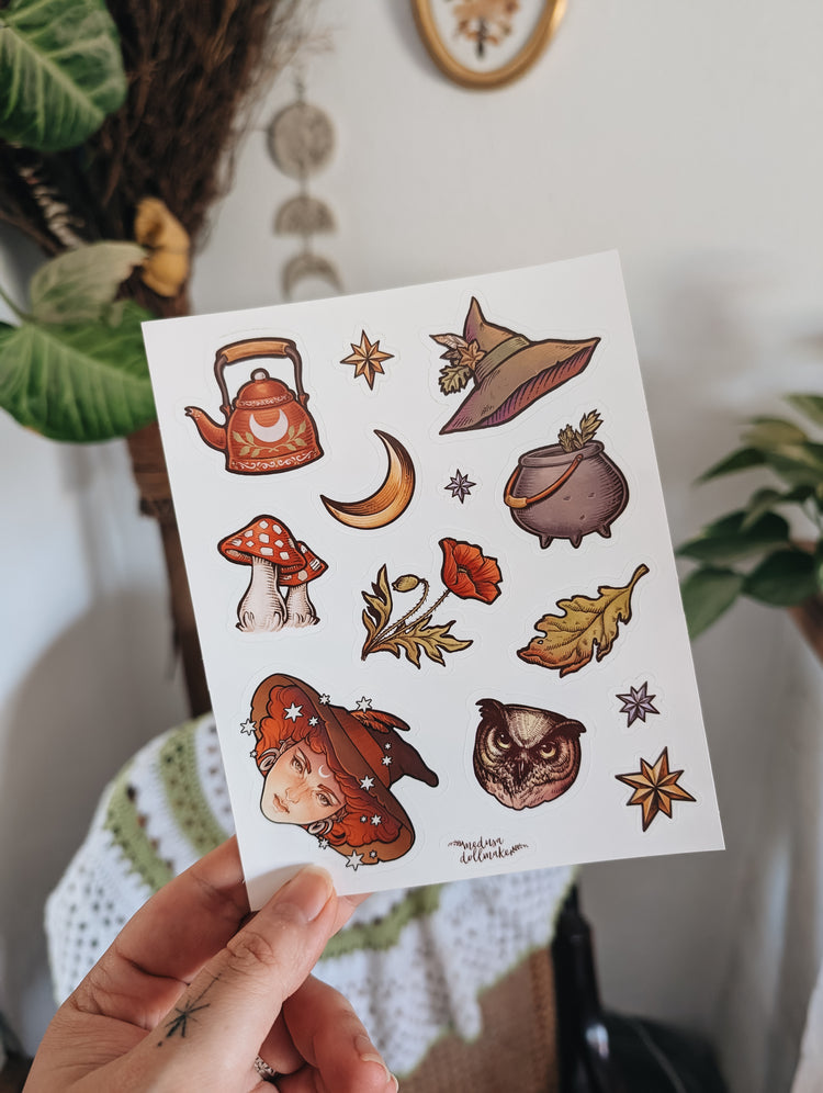 STICKERS SHEET- 13 VINYL STICKERS - FOLK WITCH SET - ART BY MEDUSA DOLLMAKER