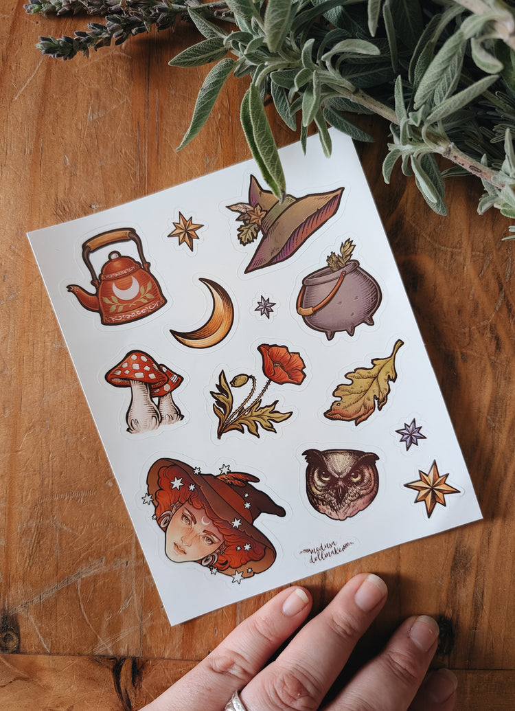 STICKERS SHEET- 13 VINYL STICKERS - FOLK WITCH SET - ART BY MEDUSA DOLLMAKER