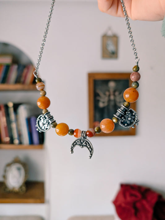 IBERIA NECKLACE - 925 STERLING SILVER RUSTIC CHARMS, STAINLESS STEEL CHAIN, CARNELIAN BEADS