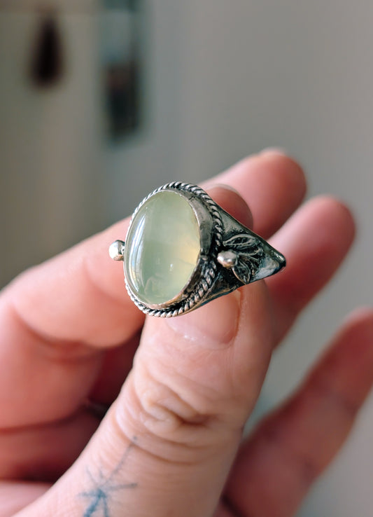 GREEN PREHNITE RING SIZE 7-1/2 - Handmade - 925 STERLING SILVER JEWELRY