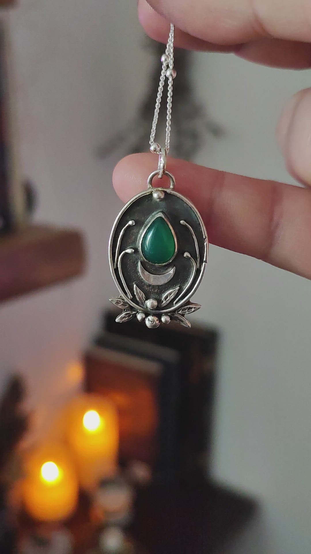 ONYX GREEN PENDANT FILIGREE TALISMAN STERLING SILVER MOON AMULET WITCH GEMSTONE