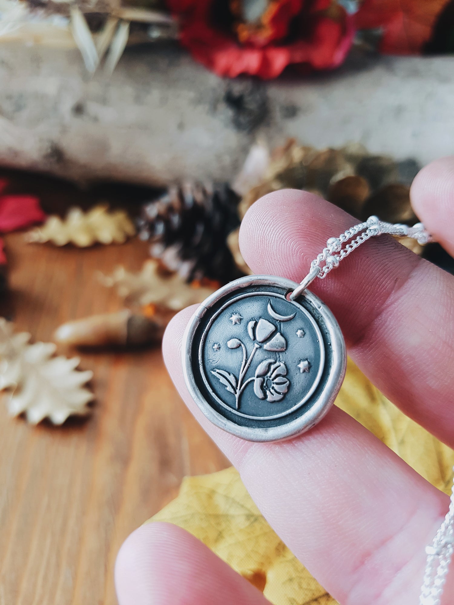 Floral Pendant Necklace POPPY PAPAVER TALISMAN STERLING SILVER AMULET HERBAL FLORAL NECKLACE PENDANT MOON STARS WITCH