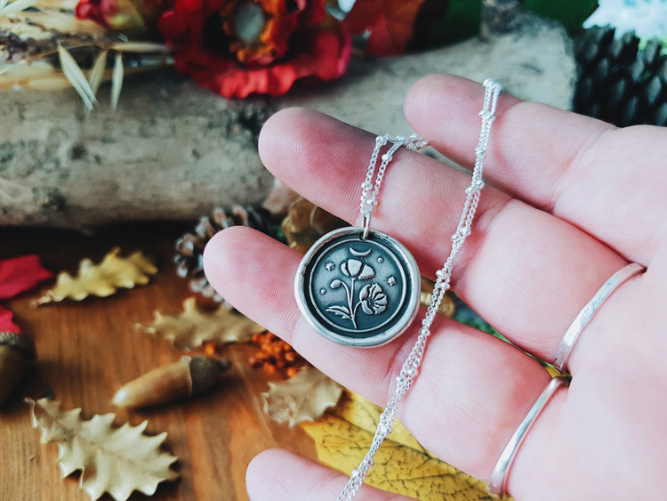 Floral Pendant Necklace POPPY PAPAVER TALISMAN STERLING SILVER AMULET HERBAL FLORAL NECKLACE PENDANT MOON STARS WITCH