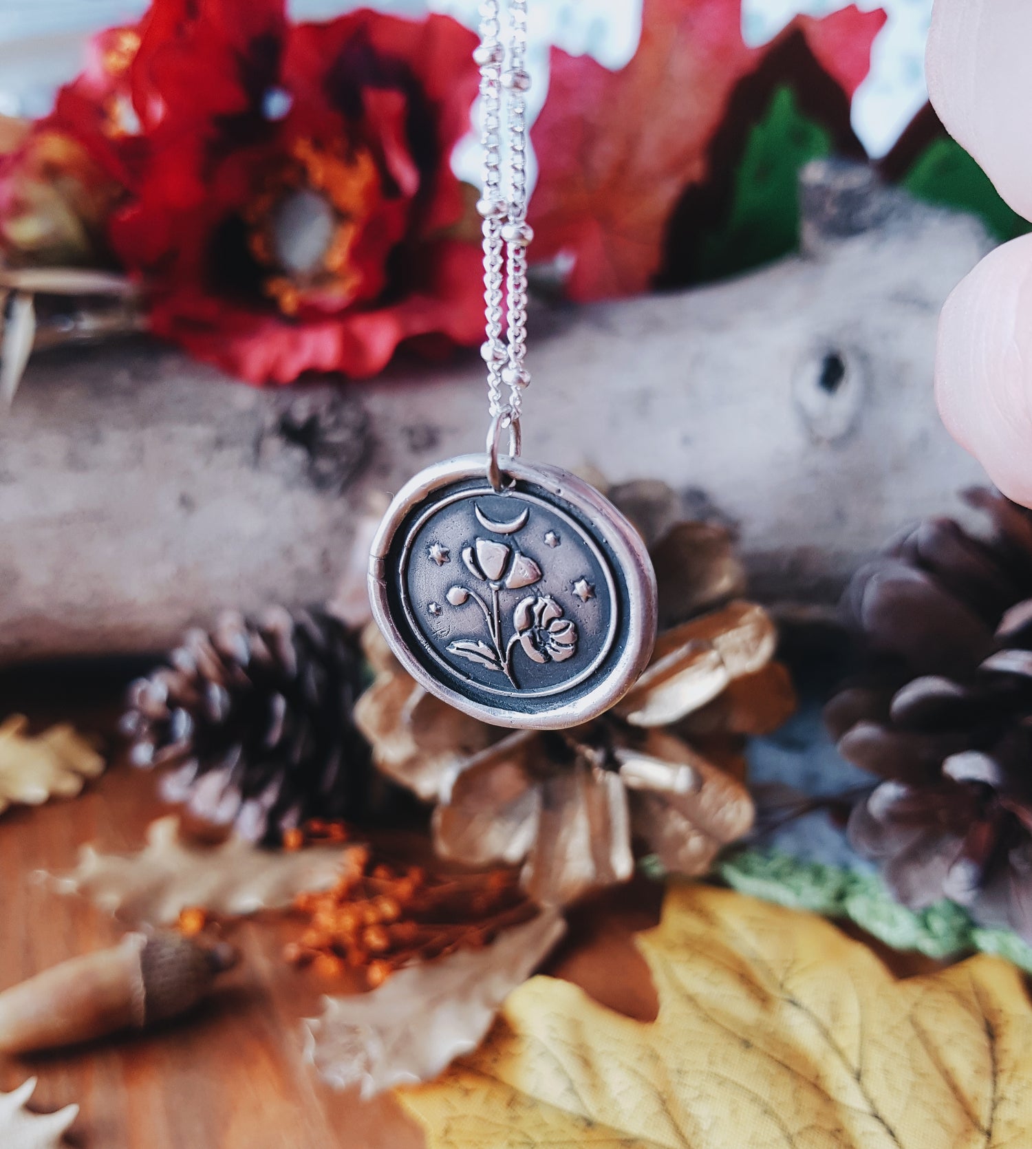 Floral Pendant Necklace POPPY PAPAVER TALISMAN STERLING SILVER AMULET HERBAL FLORAL NECKLACE PENDANT MOON STARS WITCH