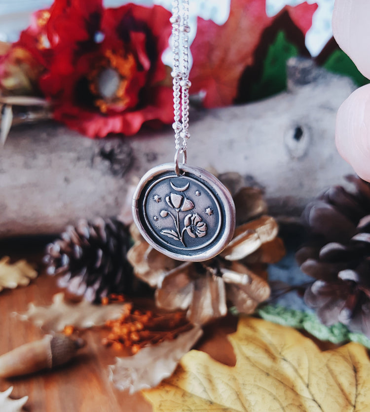 Floral Pendant Necklace POPPY PAPAVER TALISMAN STERLING SILVER AMULET HERBAL FLORAL NECKLACE PENDANT MOON STARS WITCH