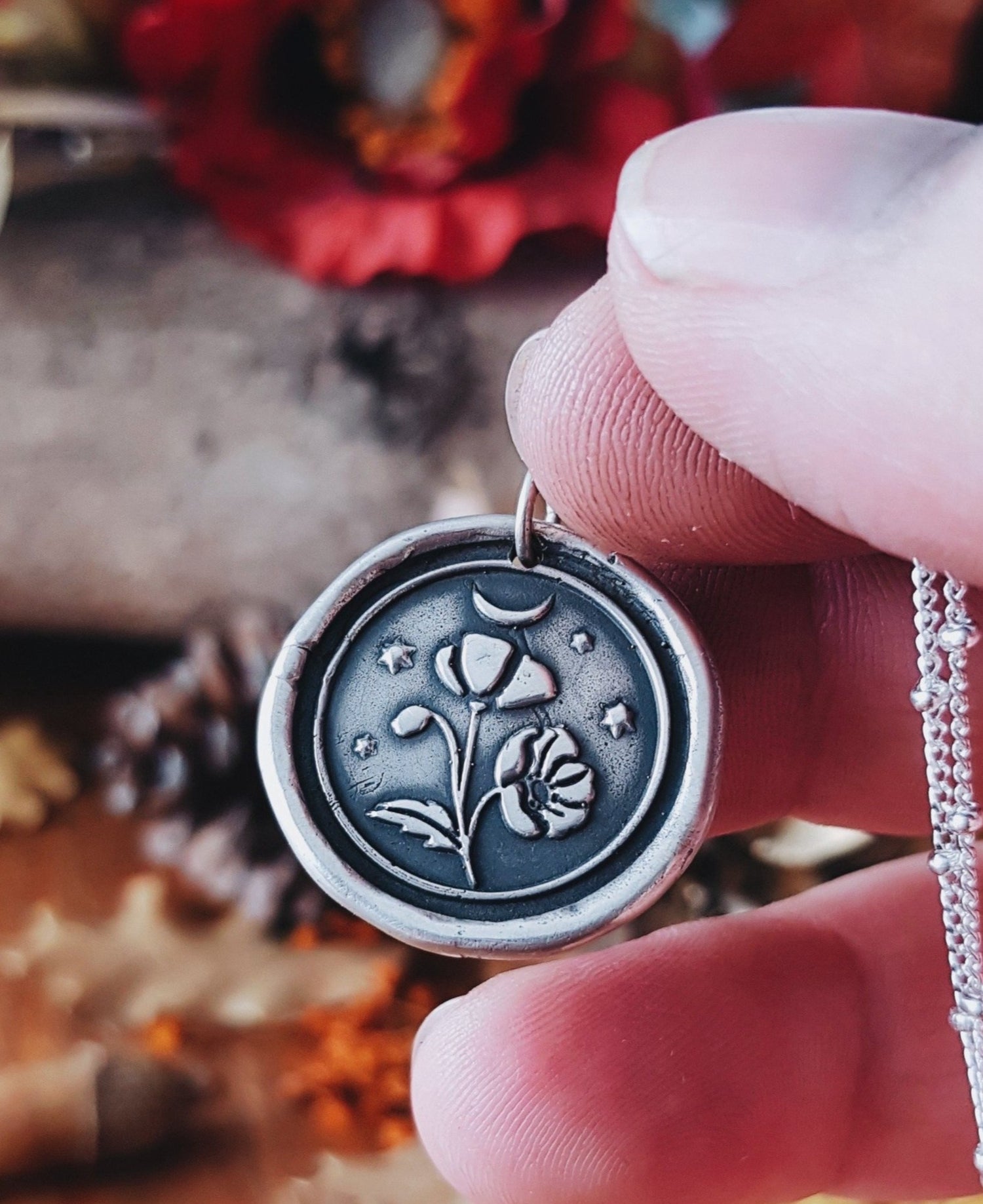 Floral Pendant Necklace POPPY PAPAVER TALISMAN STERLING SILVER AMULET HERBAL FLORAL NECKLACE PENDANT MOON STARS WITCH
