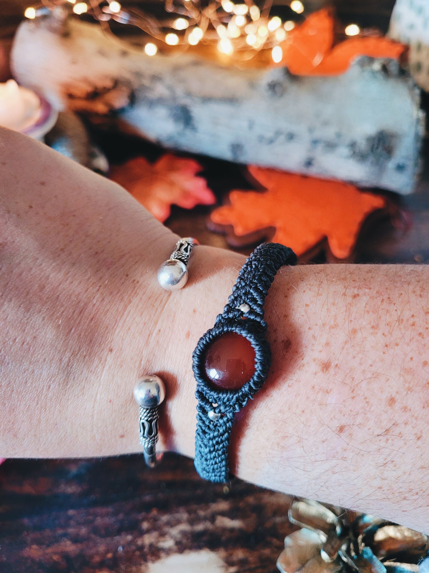 CARNELIAN and SILVER MACRAME BRACELET  Stainless Steel clasp handmade macrame