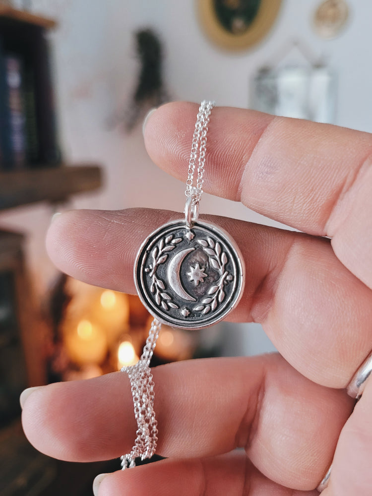 MINI MOON AND STAR BARNS STERLING SILVER WITCH TALISMAN MINI FOLKTALES AMULET PENDANT