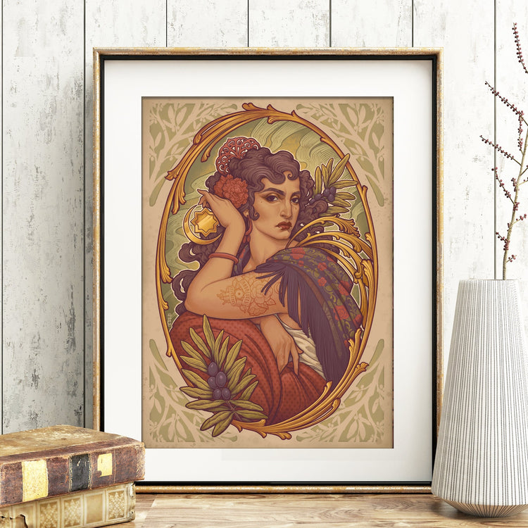 ANDALUSIAN ALLEGORY NOUVEAU Printed Framed Art, bohemian spanish, arte bohemio español, modernismo español, arte, bailaora, dancer, españa, olivos, mantón, ilustración