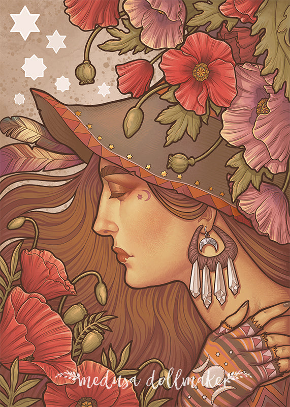 POPPY WITCH Printed Framed Art PRINT FLOWER RED PINK BROWN HAIR STARS