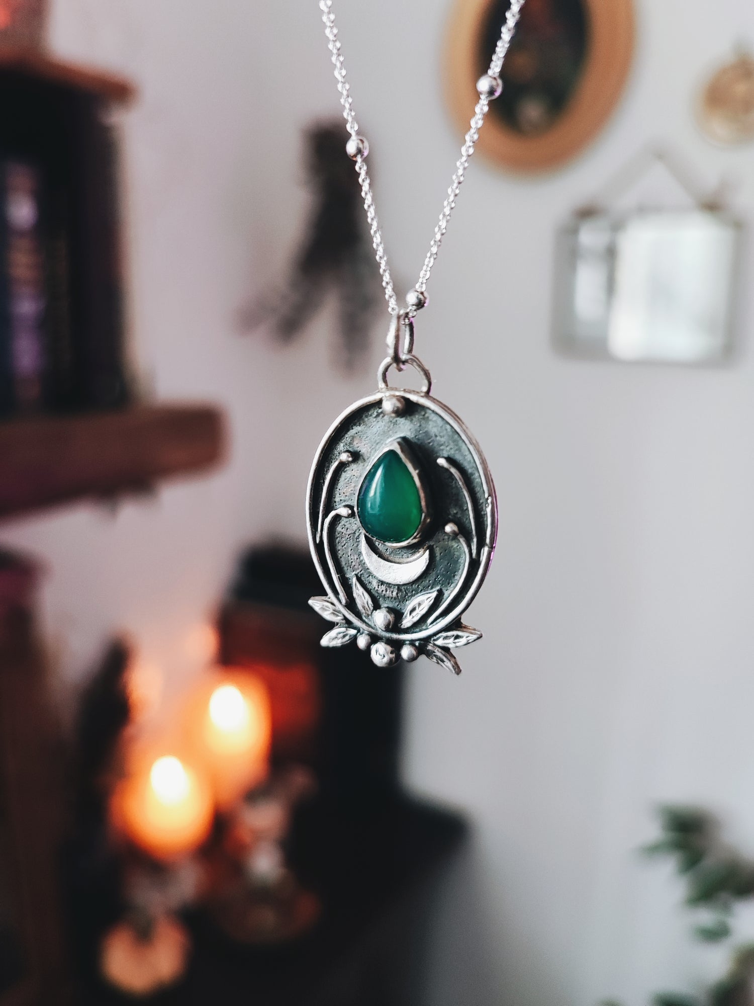 ONYX GREEN PENDANT FILIGREE TALISMAN STERLING SILVER MOON AMULET WITCH GEMSTONE