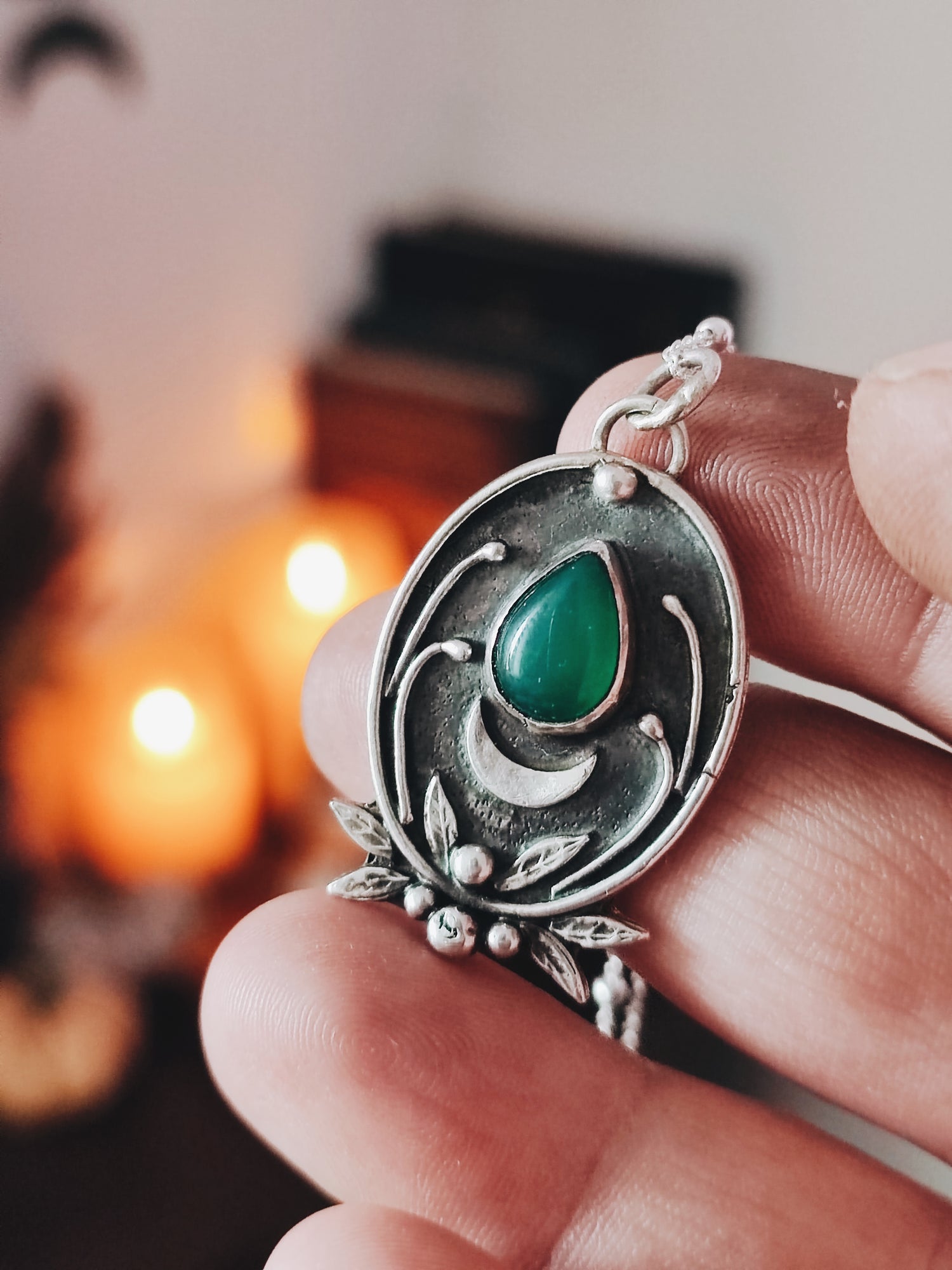 ONYX GREEN PENDANT FILIGREE TALISMAN STERLING SILVER MOON AMULET WITCH GEMSTONE