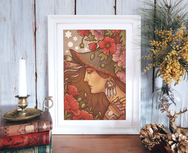 POPPY WITCH Printed Framed Art PRINT FLOWER RED PINK BROWN HAIR STARS