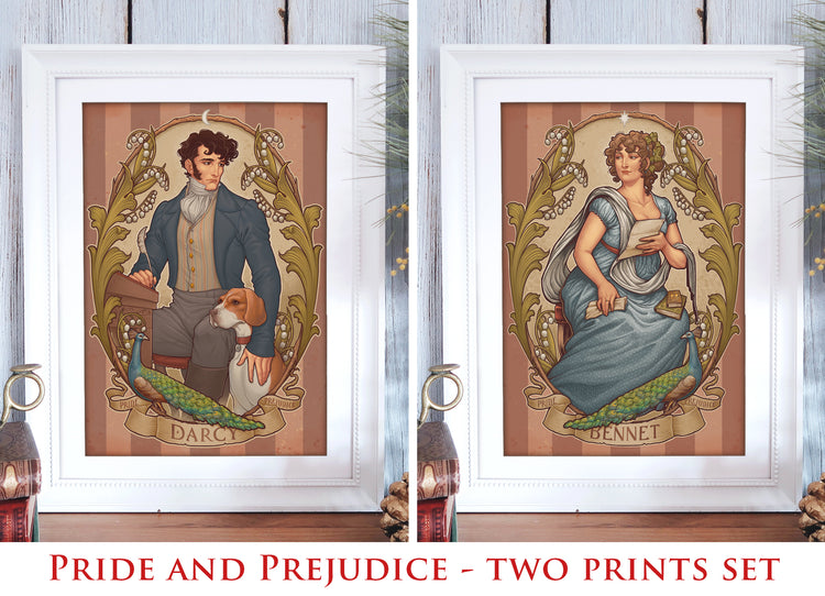 PRIDE AND PREJUDICE JANE AUSTEN ART NOUVEAU ELIZABETH LIZZIE BENNET MR DARCY DOG LOVERS LOVE COUPLE ART PRINT SET READERS BOOK GIFTS Marc Darcy bohemian art  nouveau art print, pride and perjudice, jane austen, colour vintage, retro, ilustration picture, novels book, Lizzy, Bennet, Lizzy Bennet, Bennet sisters