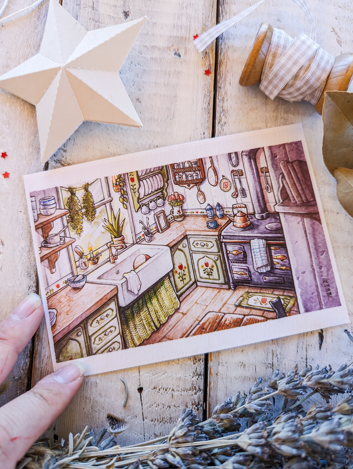 Folk Witch Kitchen Printed Postcard WITCH ELEMENTS PUMPINK TEAPOT CUP KNIFE HERBAL  FOLK WITCH CAT HAT READ MOON BOOKS