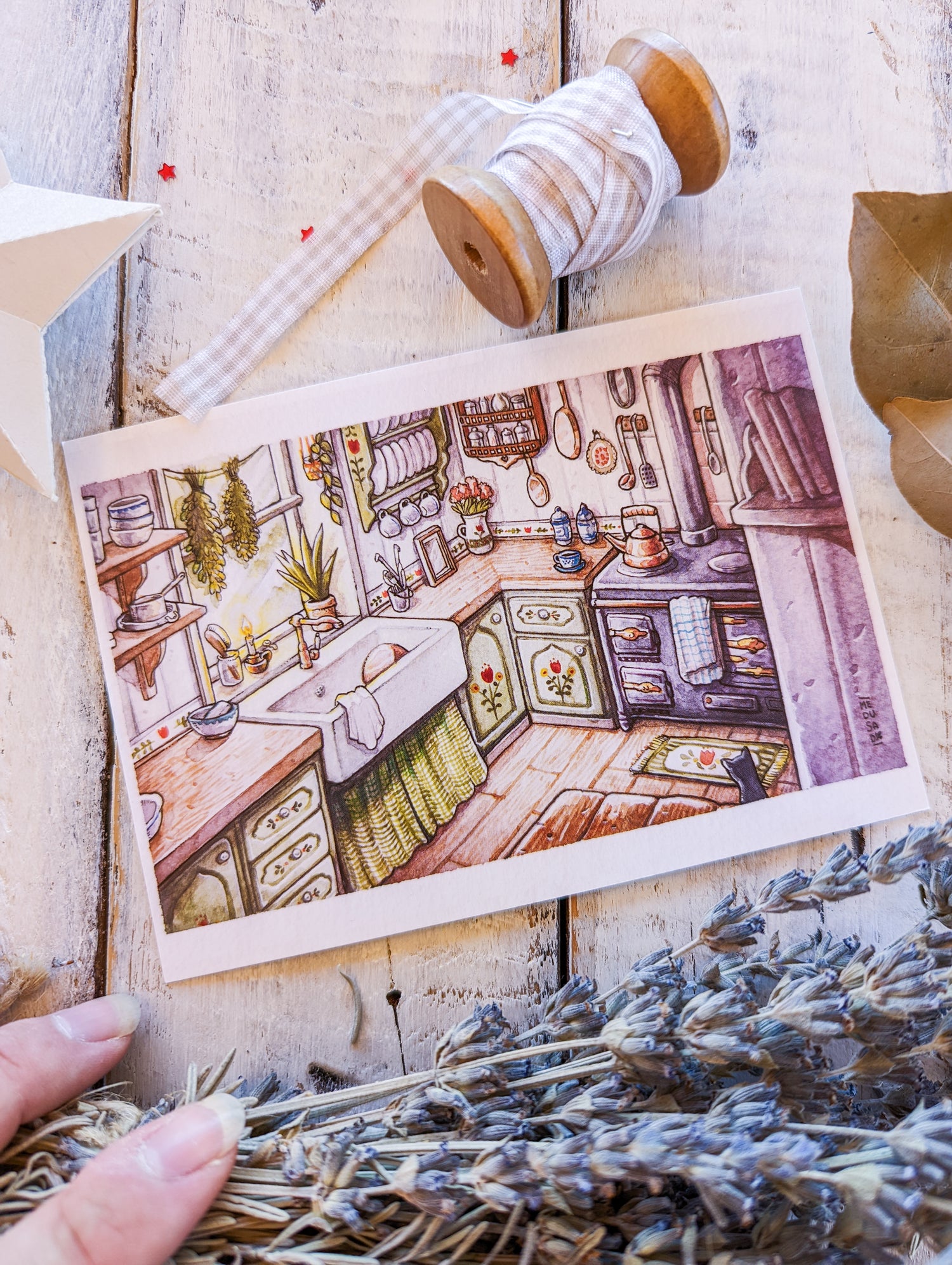 Folk Witch Kitchen Printed Postcard WITCH ELEMENTS PUMPINK TEAPOT CUP KNIFE HERBAL  FOLK WITCH CAT HAT READ MOON BOOKS