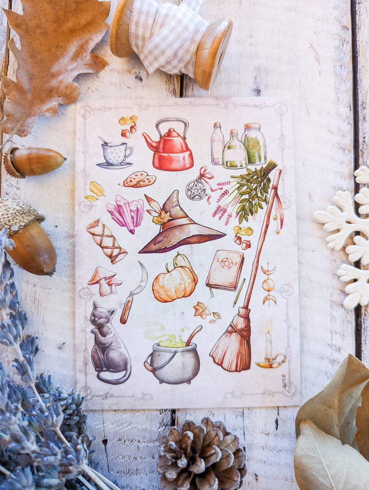 WITCH ELEMENTS PUMPINK TEAPOT CUP KNIFE HERBAL  FOLK WITCH CAT HAT READ MOON BOOKS