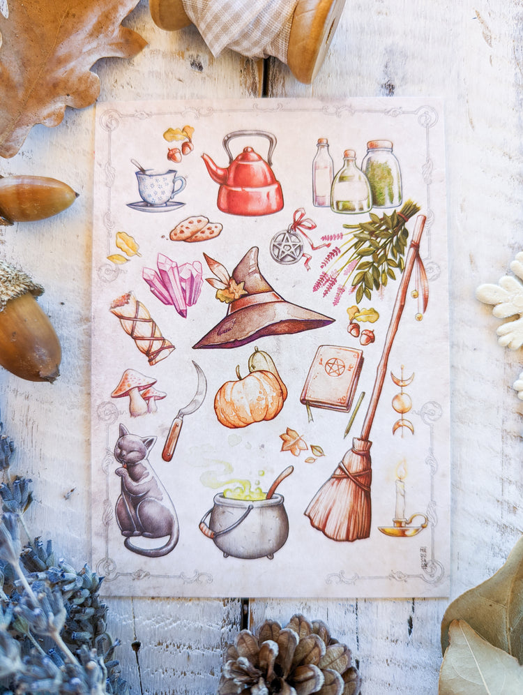 WITCH ELEMENTS PUMPINK TEAPOT CUP KNIFE HERBAL  FOLK WITCH CAT HAT READ MOON BOOKS