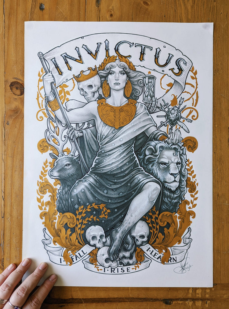 Medusa Dollmaker INVICTUS original art golden art nouveau lion resilience drawing art original strenght strong woman