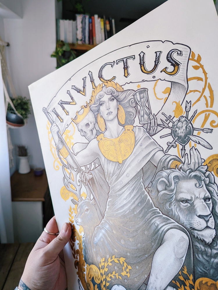INVICTUS ARTE ORIGINAL - LÁPIZ, TINTA y GOUACHE DORADO ILUSTRACIÓN DinA3