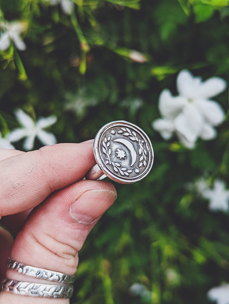 MOON COIN SEAL RING - 925 sterling silver Wax Stamp Witch