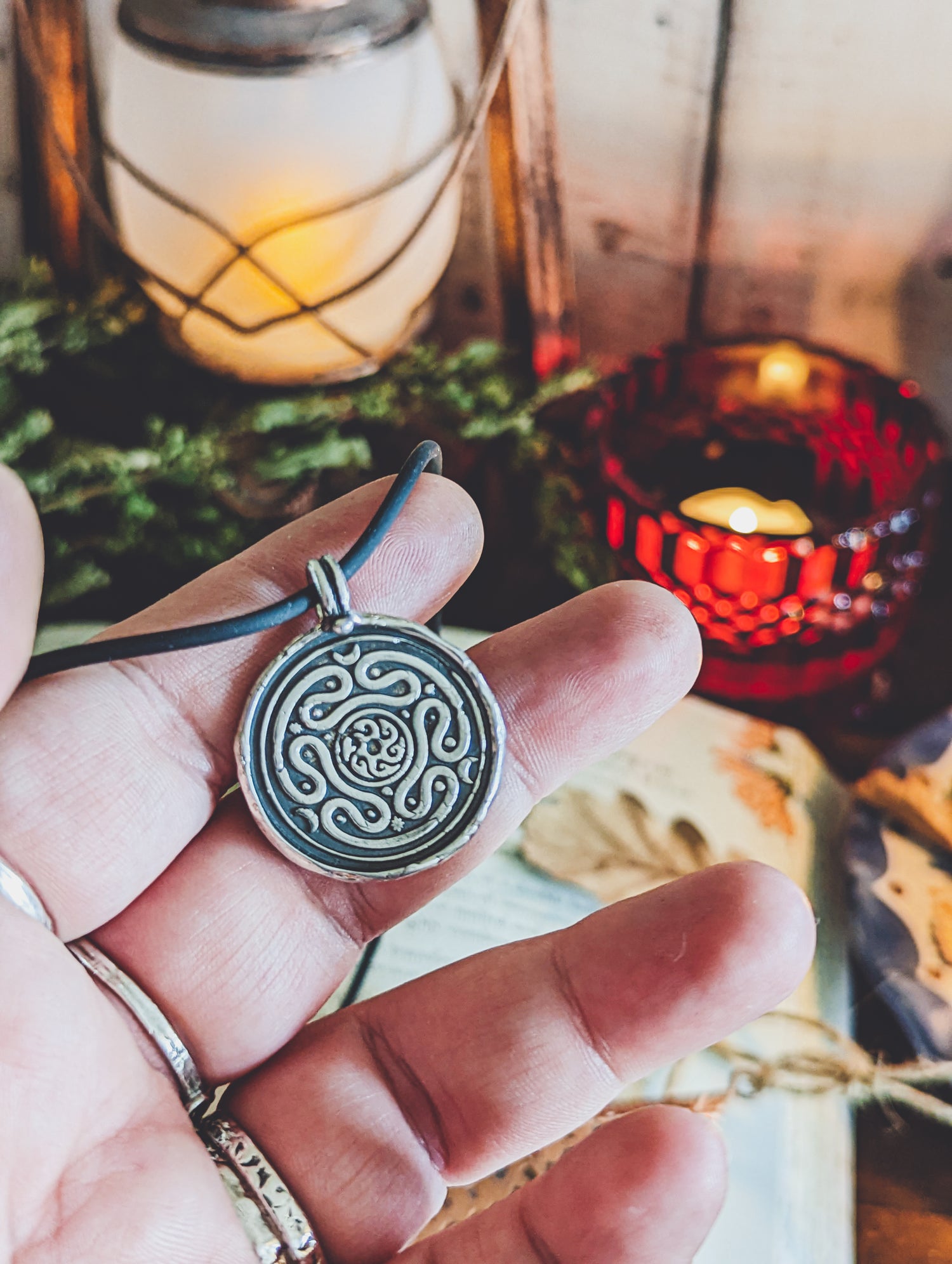 HECATE WHEEL COIN PENDANT RUSTIC SILVER TALISMAN NECKLACE WAX STAMP