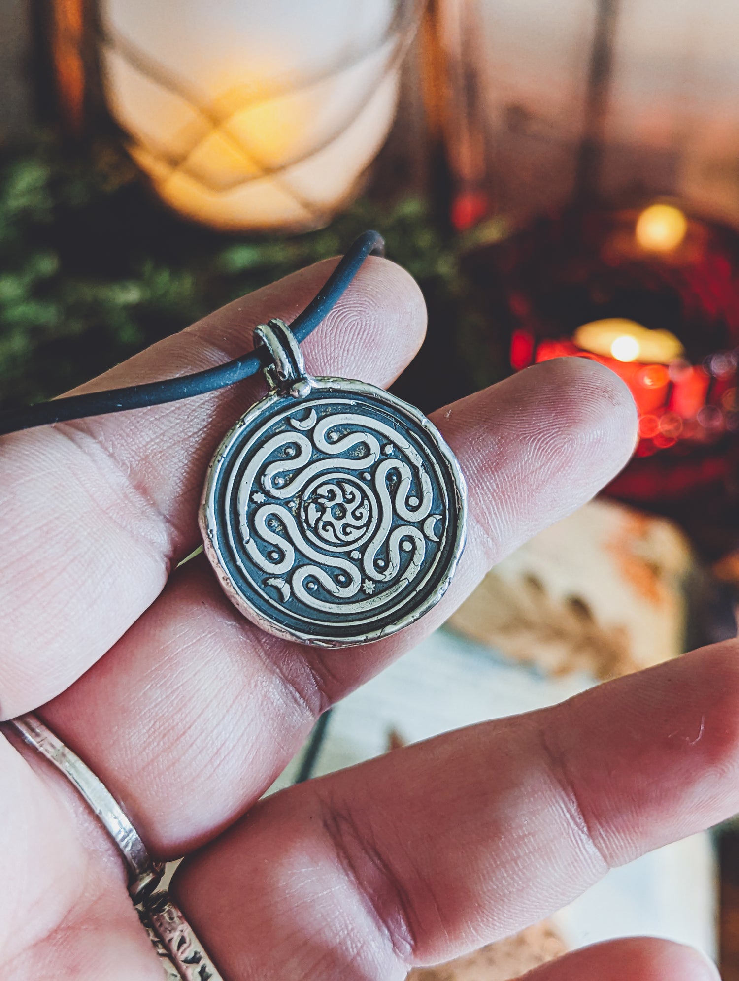 HECATE WHEEL COIN PENDANT RUSTIC SILVER TALISMAN NECKLACE WAX STAMP