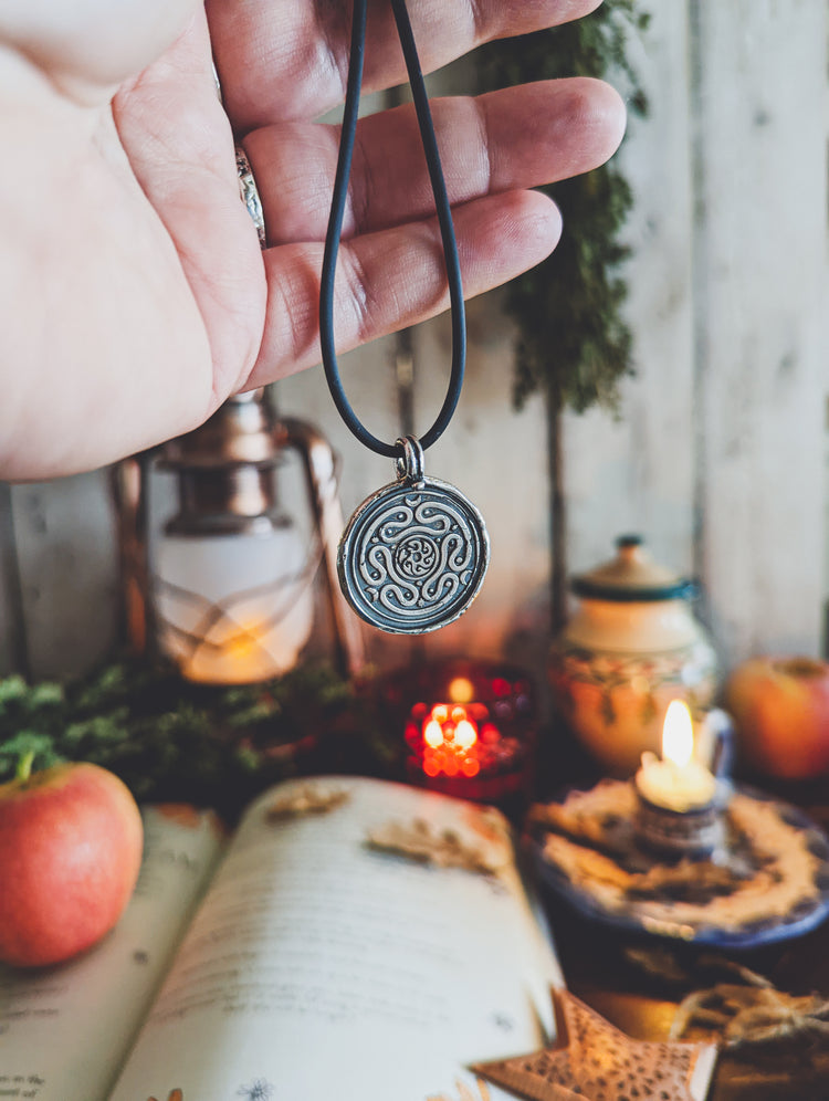 HECATE WHEEL COIN PENDANT RUSTIC SILVER TALISMAN NECKLACE WAX STAMP