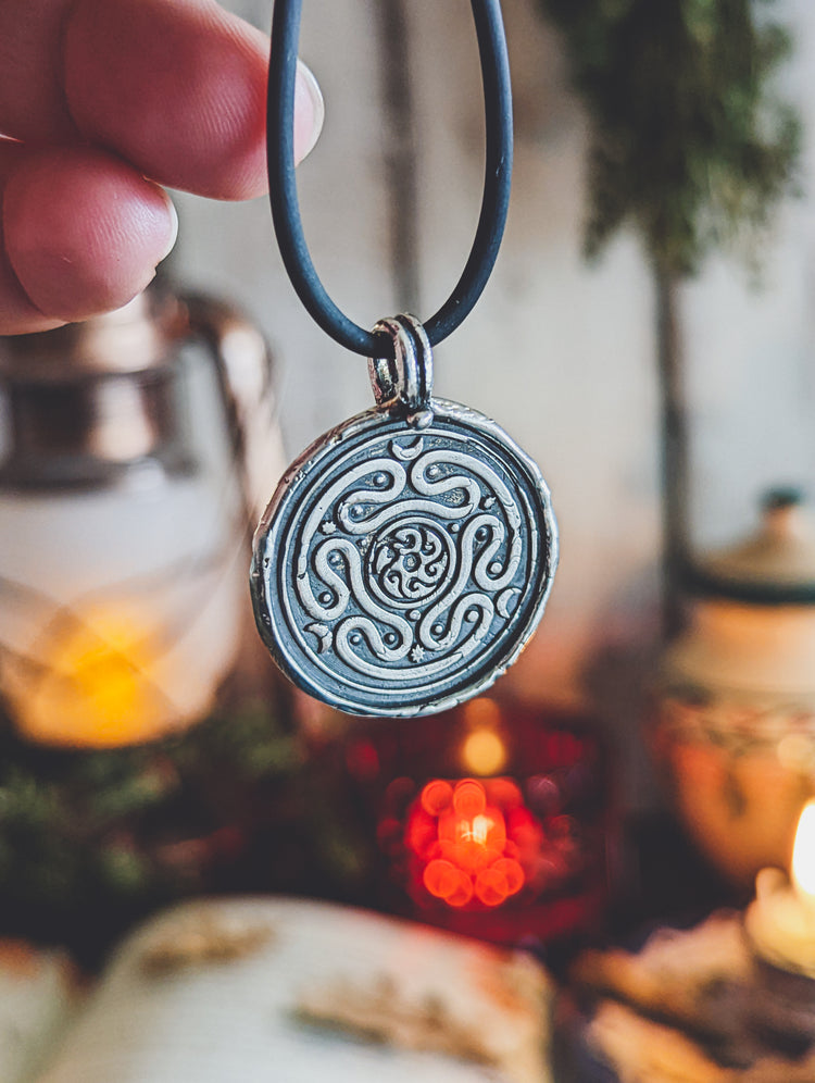 HECATE WHEEL COIN PENDANT RUSTIC SILVER TALISMAN NECKLACE WAX STAMP