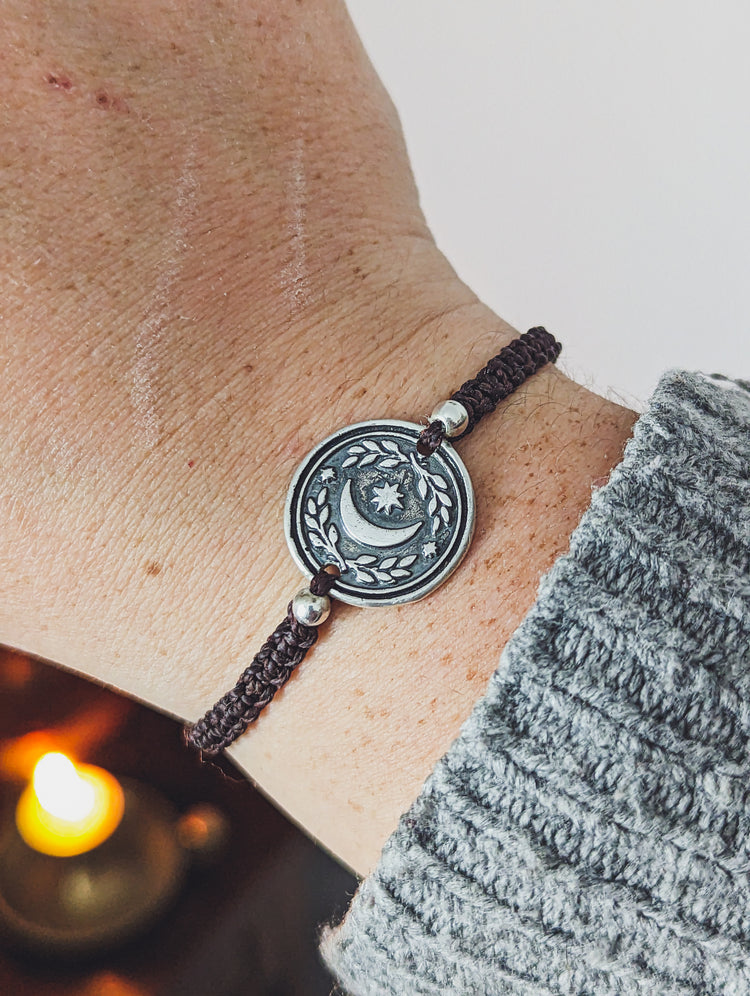 MOON BRACELET - MACRAME 925 STERLING SILVER TALISMAN - ADJUSTABLE WRIST BAND