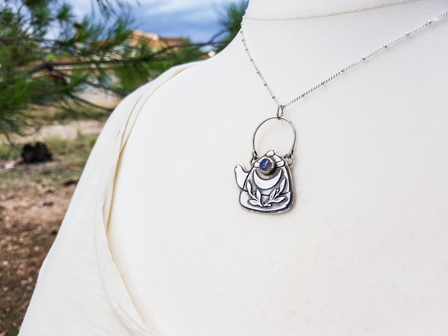925 Sterling Silver Pendant Necklace TEAPOT GEMSTONE TALISMAN STERLING SILVER