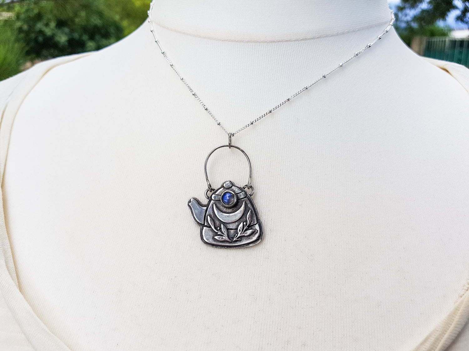 925 Sterling Silver Pendant Necklace TEAPOT GEMSTONE TALISMAN STERLING SILVER