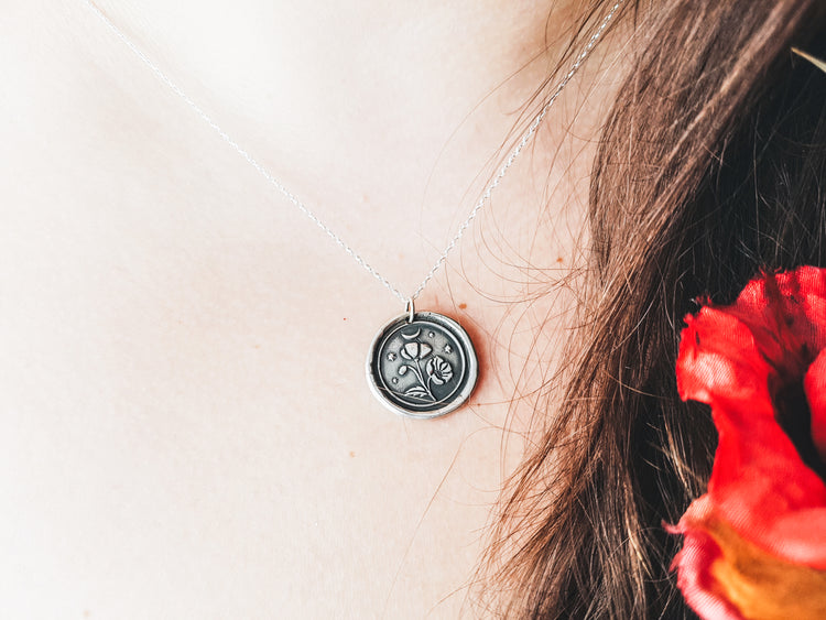 Floral Pendant Necklace POPPY PAPAVER TALISMAN STERLING SILVER AMULET HERBAL FLORAL NECKLACE PENDANT MOON STARS WITCH