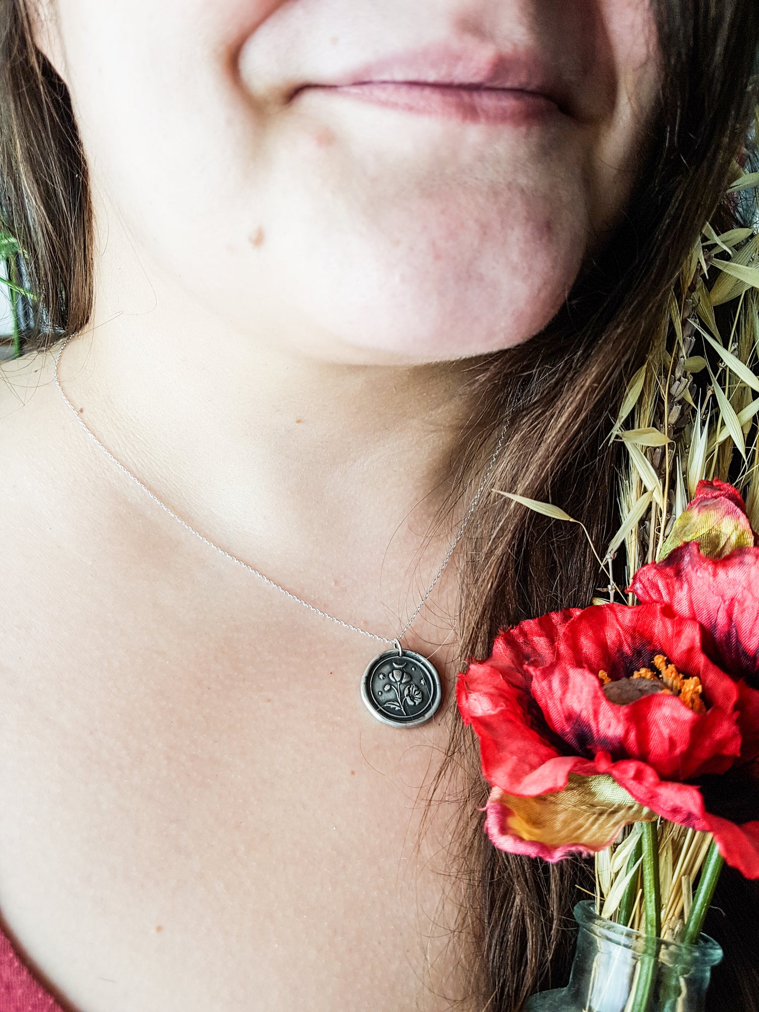 Floral Pendant Necklace POPPY PAPAVER TALISMAN STERLING SILVER AMULET HERBAL FLORAL NECKLACE PENDANT MOON STARS WITCH