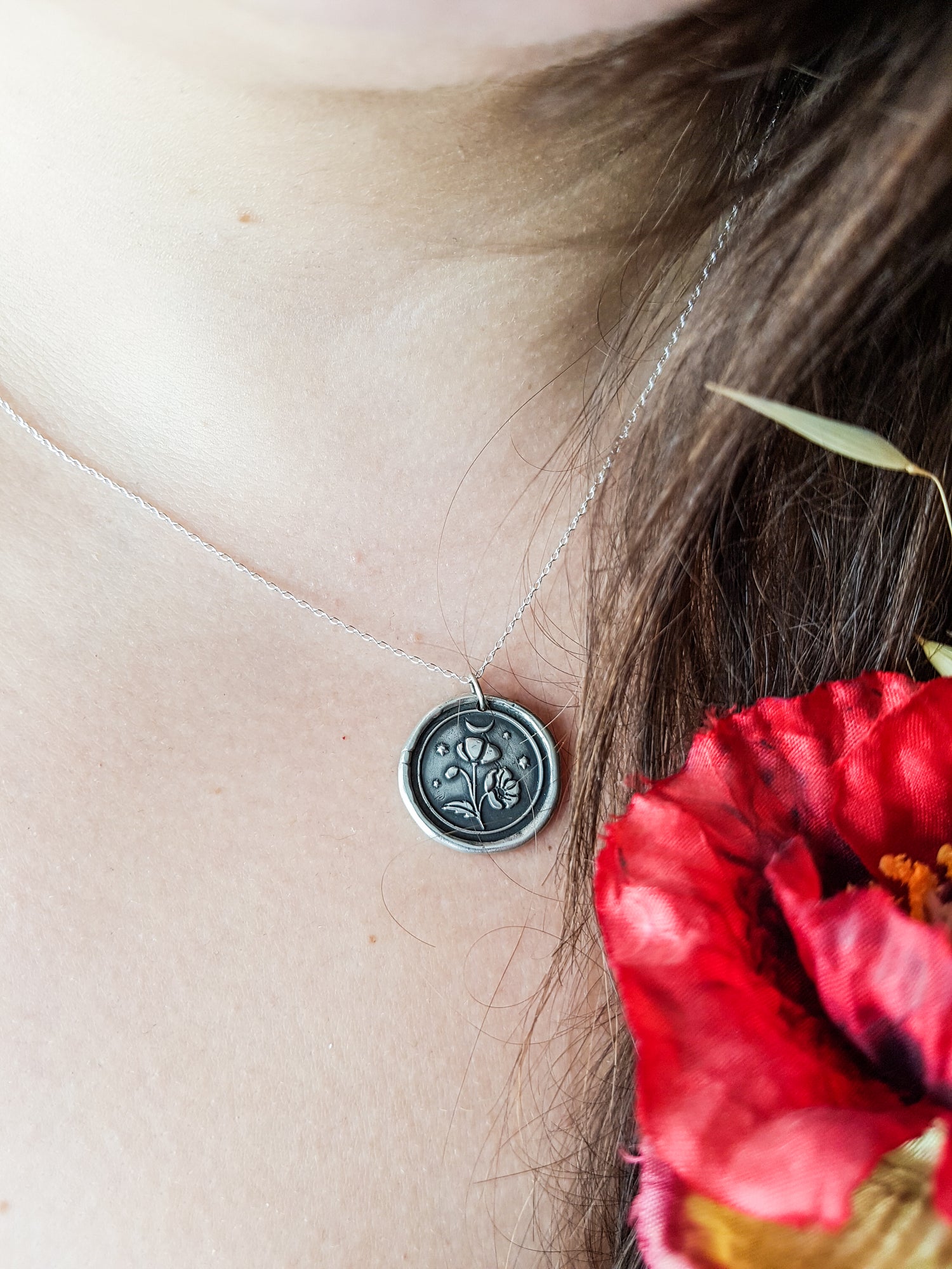 Floral Pendant Necklace POPPY PAPAVER TALISMAN STERLING SILVER AMULET HERBAL FLORAL NECKLACE PENDANT MOON STARS WITCH